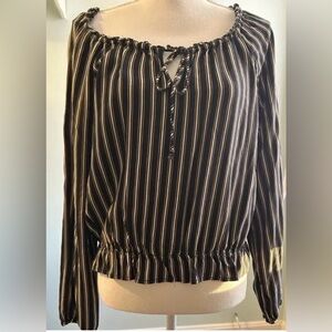 Hollister Long Sleeve Dk Blue, White and Yellow Stripe Blouse Size Large